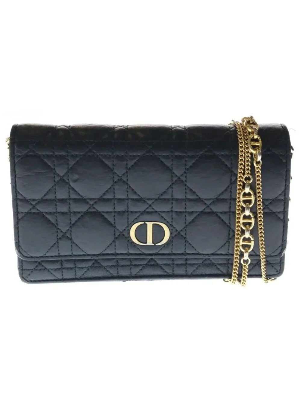 Dior Cannage Chain Pouch Wallet Shoulder Bag Black Calfskin Gold